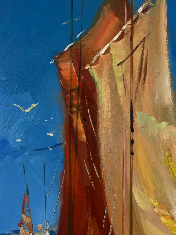 Image 1 of Original Oil Painting Summer Sea Landscape Sail full of wind