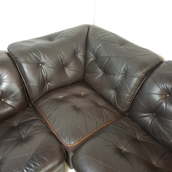 Image 1 of Canapé d'angle modulable vintage 7 pièces en cuir noir/marron