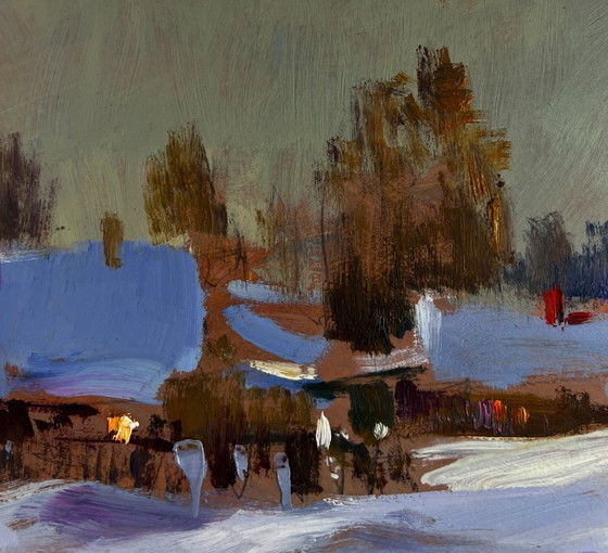 Image 1 of Original Oil Painting Winter Village Landscape Large snow drifts fell