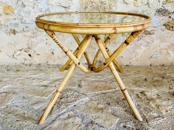 Image 1 of Tavolino vintage in rattan e bambù con piano in vetro, anni '60
