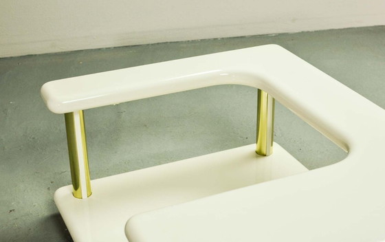 Image 1 of White High Gloss Lacquered Free Form Mid-Century Italian Design Coffee Table with Brass Accents.