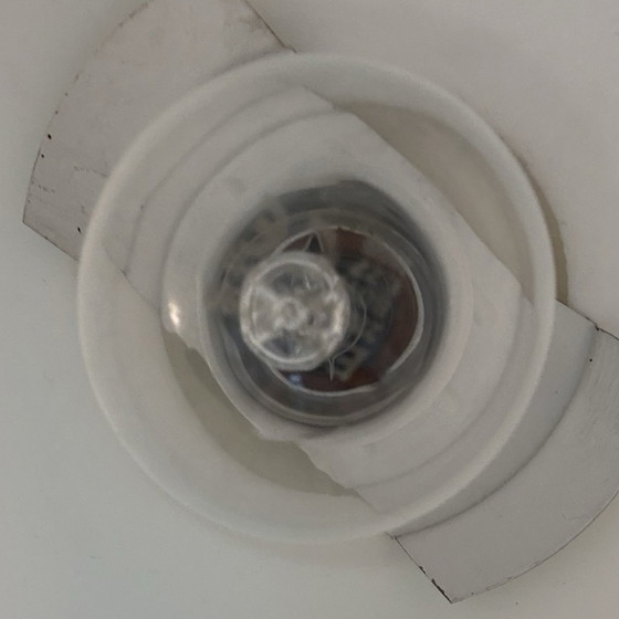 Image 1 of Ca. 1950’s MCM Pendant lamp - Frosted / semi translucent white glass with blue motive - Including ceiling mounted canopy - Easte