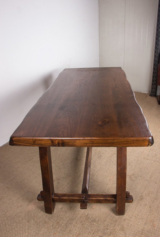 Image 1 of Large Brutalist style dining table, farmhouse style, in solid elm in the style of Olavi Hanninen 1960.