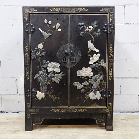 Vintage Chinees Lak Kastje Speksteen, Parelmoer / Vogels En Bloemen / Bohemian Kastje – Opbergkast, Wood (photo 3 of 15)