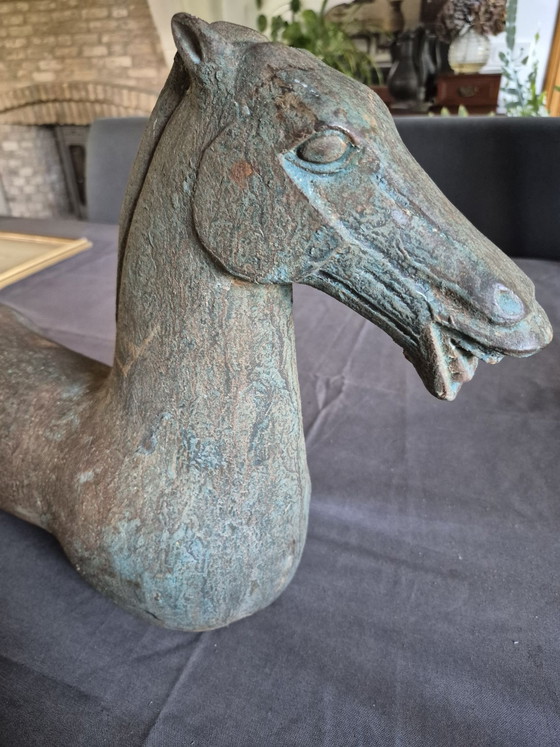 Large Cast Iron Tang Horse with Verdigris Patina, 50 cm, Sculpture, Brown (photo 2 of 5)