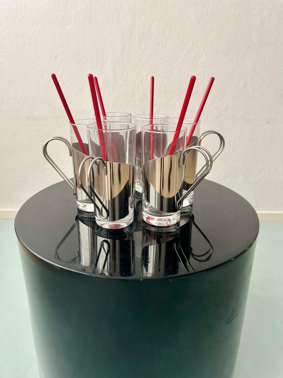 Image 1 of 6x Bodum glazen Denemarken jaren 70/80 postmodern vintage design roestvrijstalen lepel rood