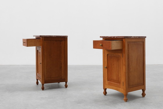Image 1 of Pair of French Art Deco Nightstands in oak with marble tops, 1930s 