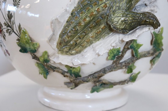 Image 1 of Majestic Ceramic Vase with Eagle and Crocodile, Italy Early 20th Century