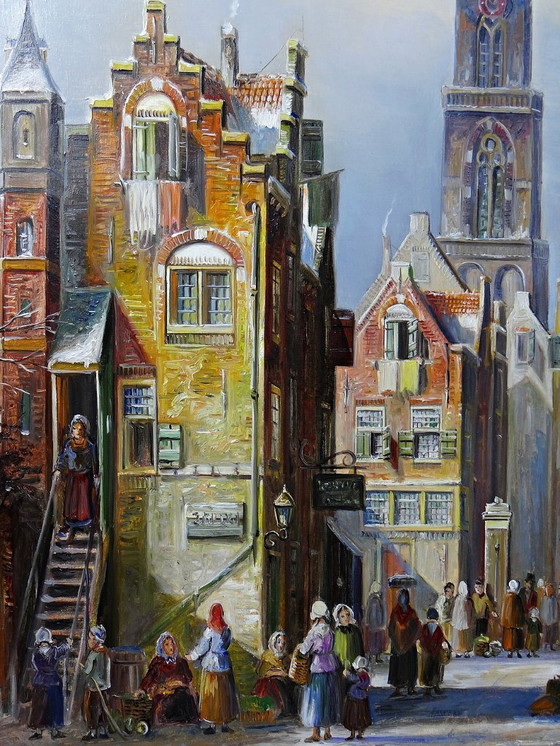 Image 1 of Grande dipinto a olio su legno con cornice raffigurante una scena urbana, di John Haanstra, vintage