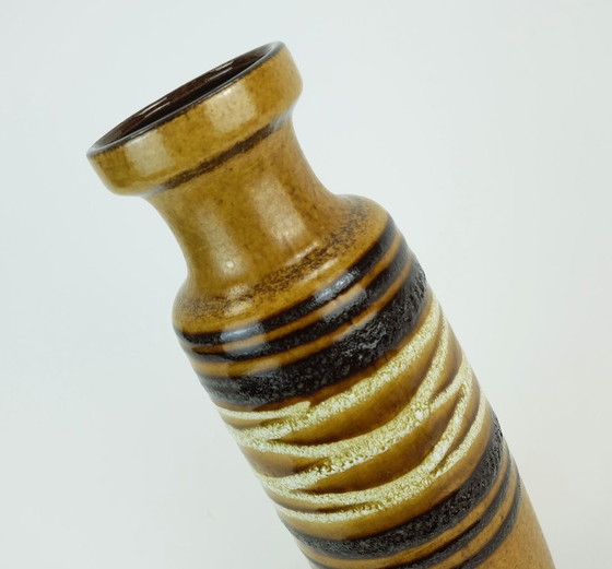 Image 1 of scheurich mid century VASE 1960s fat lava stripe decor ochre black white model no. 200-28