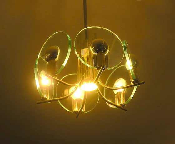 Image 1 of Versilberter Kronleuchter mit sechs Kristallglasscheiben, Italien 1960er Jahre