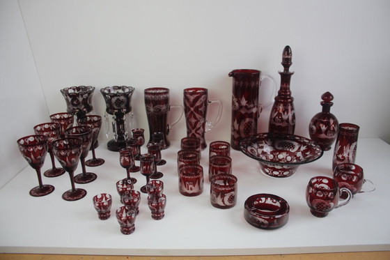 Image 1 of Antique Set of 36 pieces of Artistic cut Ruby red glass, Egermann, 1950's. 