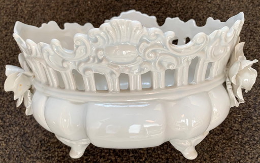 Vintage Jardiniere / Plantenbak Met Prachtige Keramische Bloemen