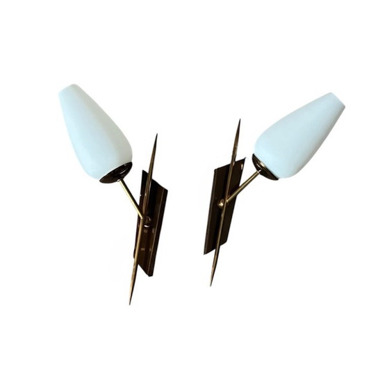 Pair of vintage brass Wall lights and white glass tulips (photo 9 of 9)