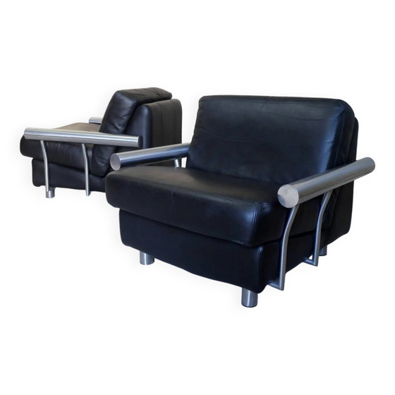 pair of armchairs, black leather & stainless steel, 1990 – Vintage (photo 2 of 14)
