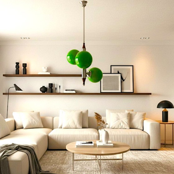 Image 1 of Portuguese Mid Century Modern Space Age chandelier clustered hanging lamp with 3 green globes, 1960s