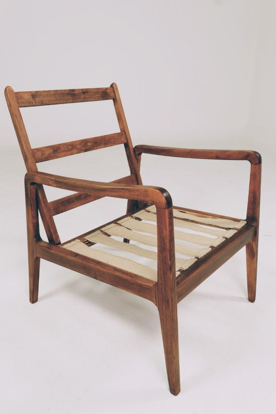 Image 1 of Mid-Century Armchair Corduroy Cushion Rustic Wood, 1980s