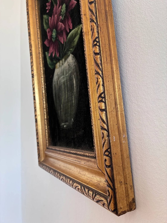 Image 1 of Set vintage original velvet flower oil painting, pair of flower still life art