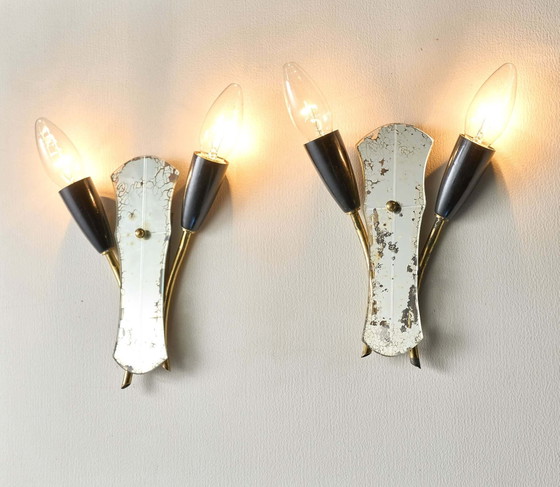 Brass and Mirrored Glass Wall Lamp, 1950s, Wall lights, Plastic, Black, Mid Century Modern (photo 3 of 14)