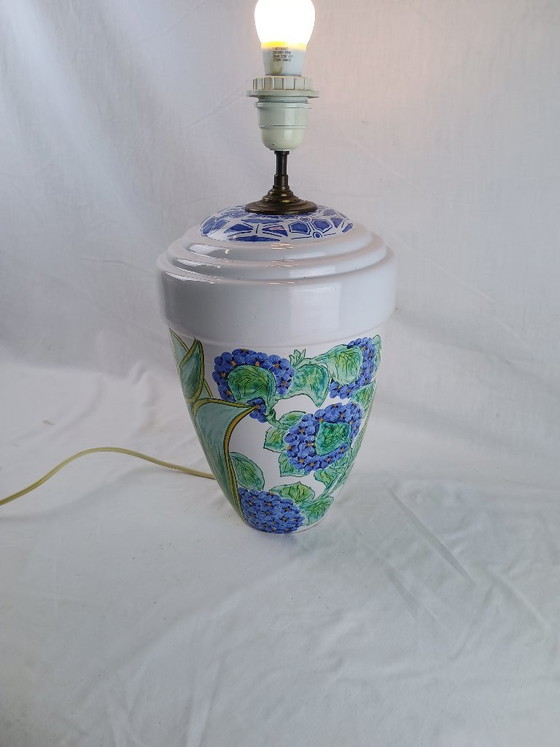 Image 1 of Signed FAM Faïencerie d’Art de la Malicorne Victor Deschang French Vintage Handmade Ceramic Table Lamp Floral Blue Design – 1960