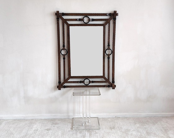Image 1 of Iconic Large Mirror 1960's Design Jean-Pierre Ryckaert en Métal Façon Cuir Sellier à Surpiqures