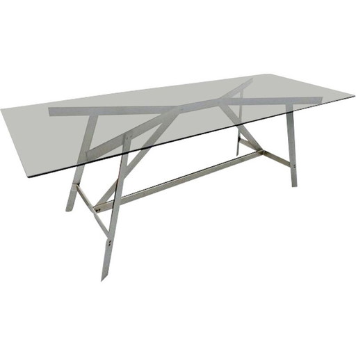 Mesa de comedor vintage de cristal y acero, italiana, años 70