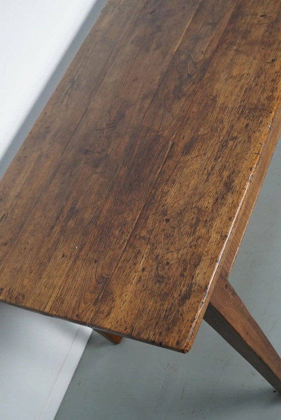 Image 1 of Table à manger rustique française ancienne en bois de fruit et de chêne, début du XXe siècle