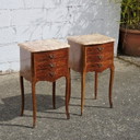 Chateau de Ligny - Pair of 2 French Vintage Marquetry Nightstands-Set of 2 Marble & Wood Bedside Tables-Style Louis XV - 50s
