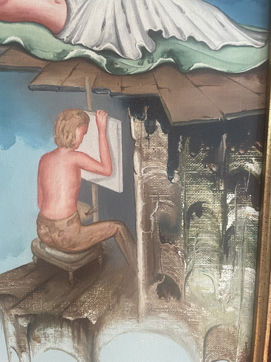 Image 1 of Dipinto surrealista originale – André Vanderhaeghe (Surrealismo magico, 35x50 cm)