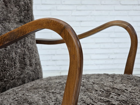 Image 1 of 1960s Reupholstered Danish Armchair with Stool, Genuine Sheepskin