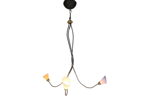 Image 1 of Suspension vintage style Sputnik/Sputnik/Stilnovo, en laiton opalin, fabriquée en Italie dans les années 80.