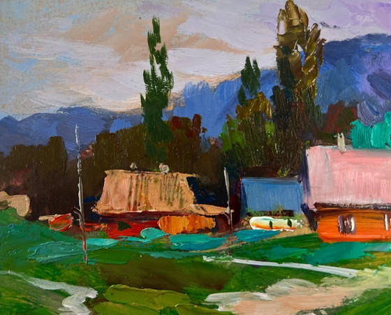 Image 1 of Original Oil Painting Rural Evening Landscape A Quiet Village Spread Over The Hills