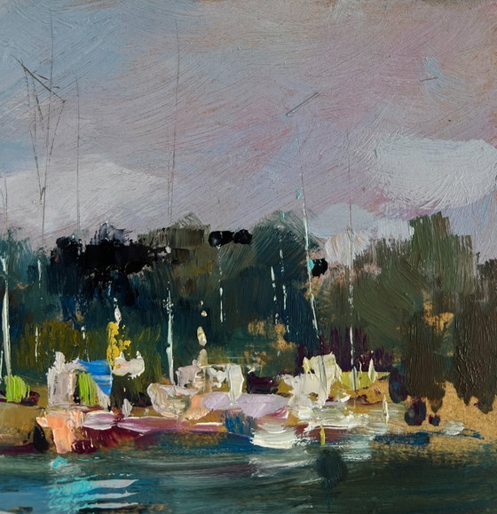 Image 1 of Original Oil Painting Summer River Landscape Small yacht club
