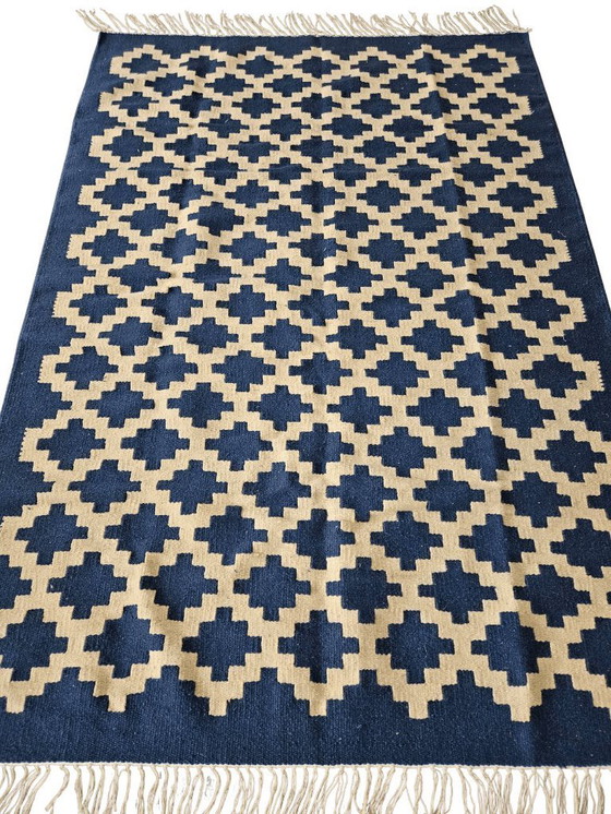 Image 1 of Senon-Kilim-Teppich 160 × 230 cm - Handgefertigt in Ägypten - Blauer Diamant, Flachgewebe