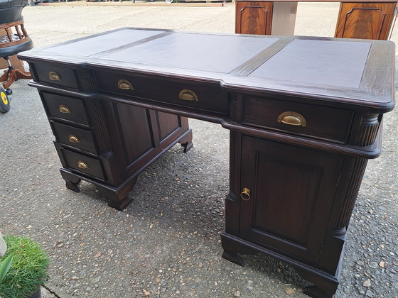 Image 1 of Scrivania classica inglese a due lati, scrivania partner, scrittoio con inserto in pelle, 150 x 75 cm e altezza 78 cm