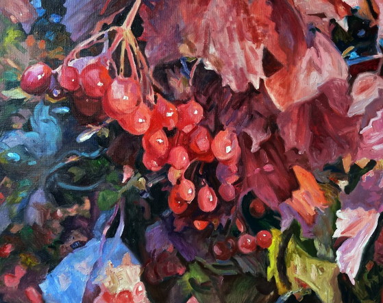 Pittura a Olio Originale Arte Contemporanea Bacche Autunnali Viburno Rosso – Dipinti e disegni, Canvas (photo 6 of 7)