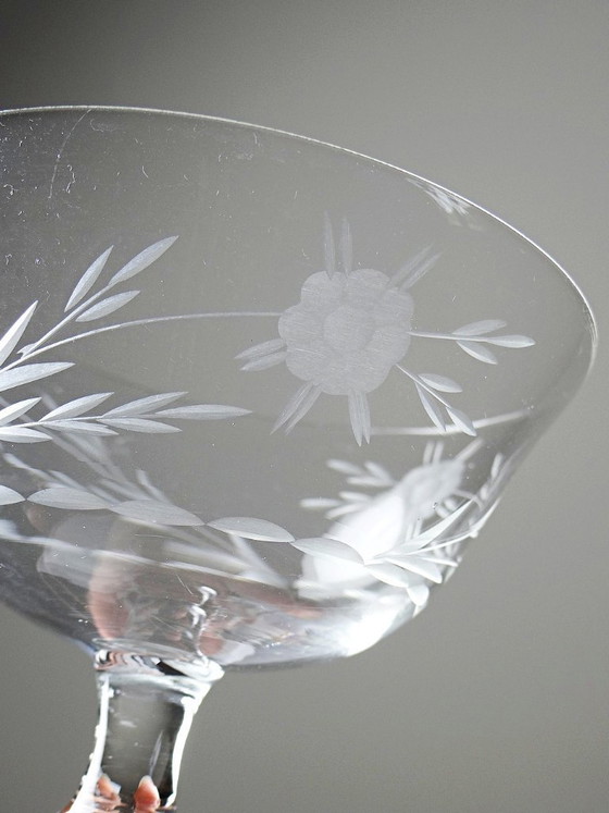 Image 1 of 8 Champagne coupes, wheel-engraved glass with vegetal decoration, Bohemia, early 20th century