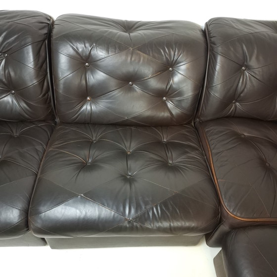 Image 1 of Canapé d'angle modulable vintage 7 pièces en cuir noir/marron