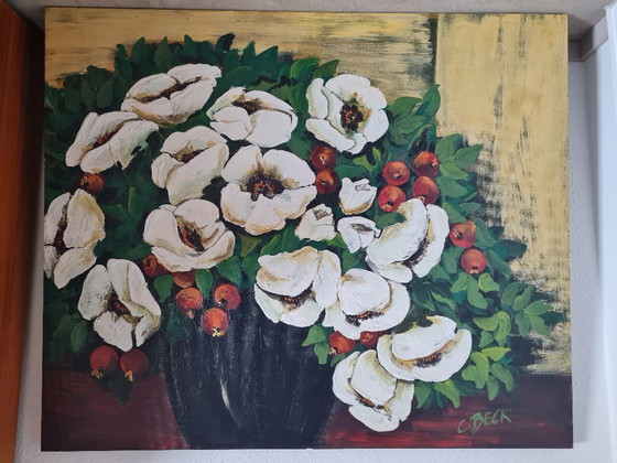 Image 1 of Still life bouquet of flowers, painting by Christin Beck on a heavy wooden panel
