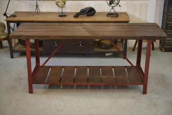 Industrielle Werkbank 1950er Jahre – Schreibtisch, Holz, Polierter Stahl, Industrieel (photo 5 of 15)