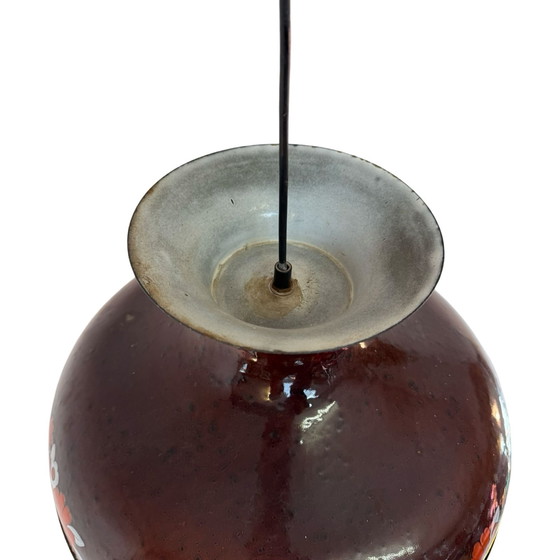 Image 1 of Lampada da soffitto/sospensione in metallo vintage - Decorazione floreale su smalto marrone - (Attr. To) Kaj Franck Fog &amp; Mo