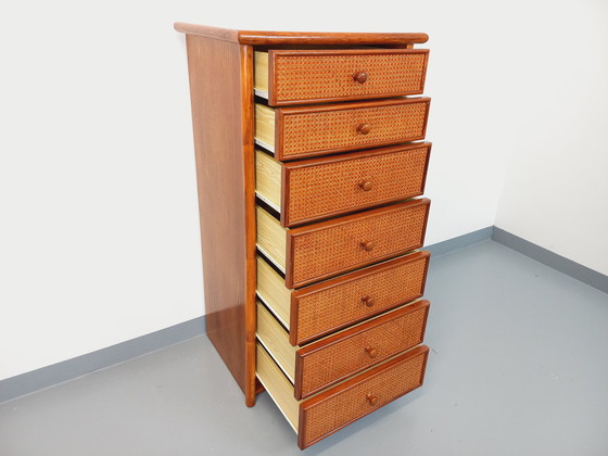 Image 1 of Commode Chiffonnier Semainier Vintage en Rotin, Bois et Cannage des Années 70