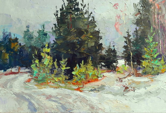 Original Oil Painting Nature Landscape Winter Forest Snow Getting Dark – Paintings & Drawings, Canvas (photo 8 of 8)