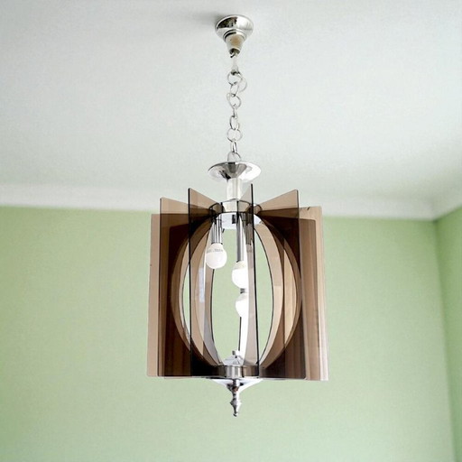 Mid Century Moderne plexiglas en zilver verchroomde kroonluchter voor 3 lampen, jaren 1980