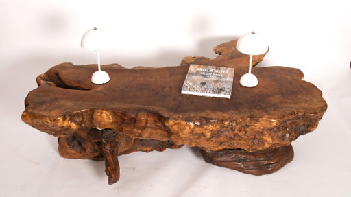 Mesa de centro de tronco de árbol con raíz de madera - Diseño brutalista y orgánico