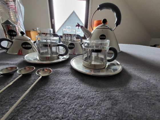 Image 1 of Alessi kettle, tea glasses, espresso glasses, milk, sugar, spoon, salt