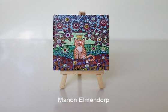 Image 1 of Unique Hand-Painted Painting including Little Donkey and Red Cat