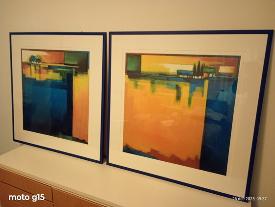 Image 1 of 2 grote kleurrijke zeefdrukken van Maria Megens.