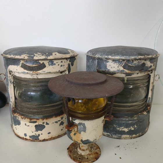 Image 1 of Set vintage di lampade marittime antiche (luce superiore, babordo-tribordo)