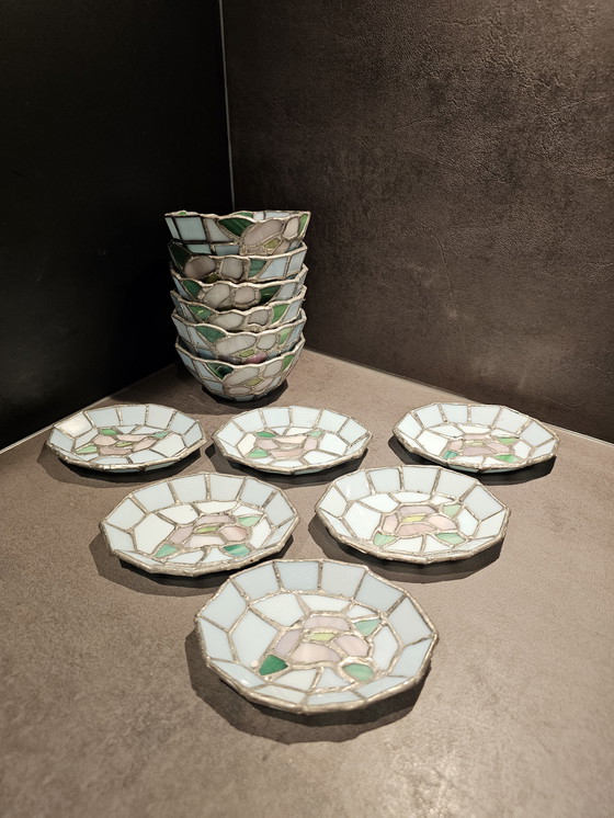 Image 1 of Vintage Tiffany Style – Glas-in-lood set van 6 kopjes & schoteltjes